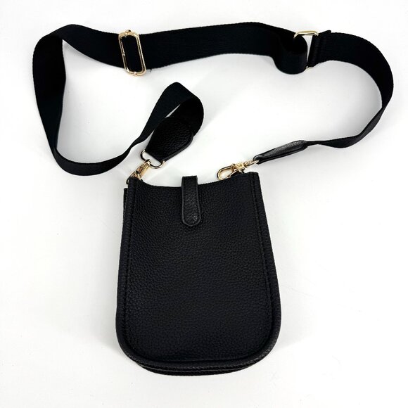 Crossbody Pebbled Faux Leather Pouch with Strap Black Gold One Size - Picture 1 of 7